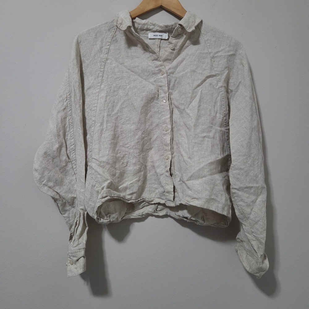Mod Ref Women Oatmeal Beige 100% Linen Cropped Button Down Shirt Size M